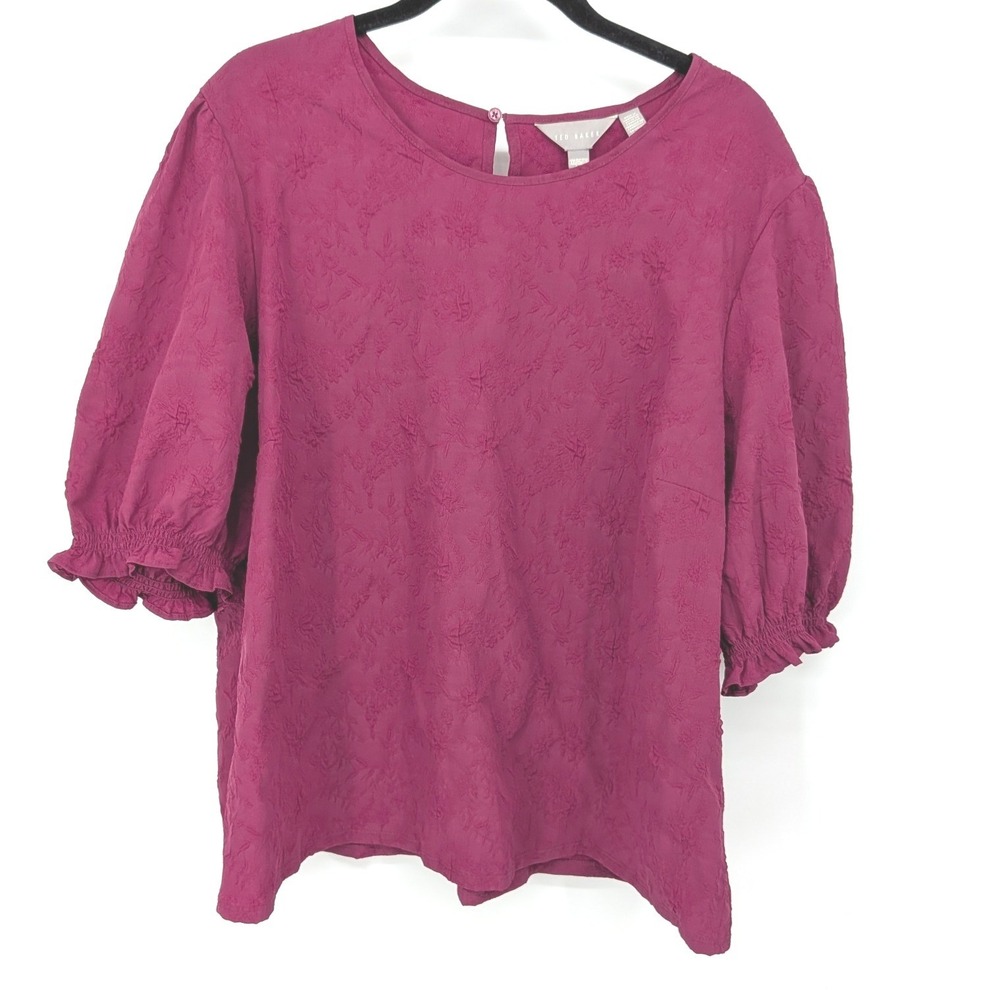 Ted Baker Blouse Women XXL Fuscia Pink Floral Jacquard Puff Sleeve Top Office